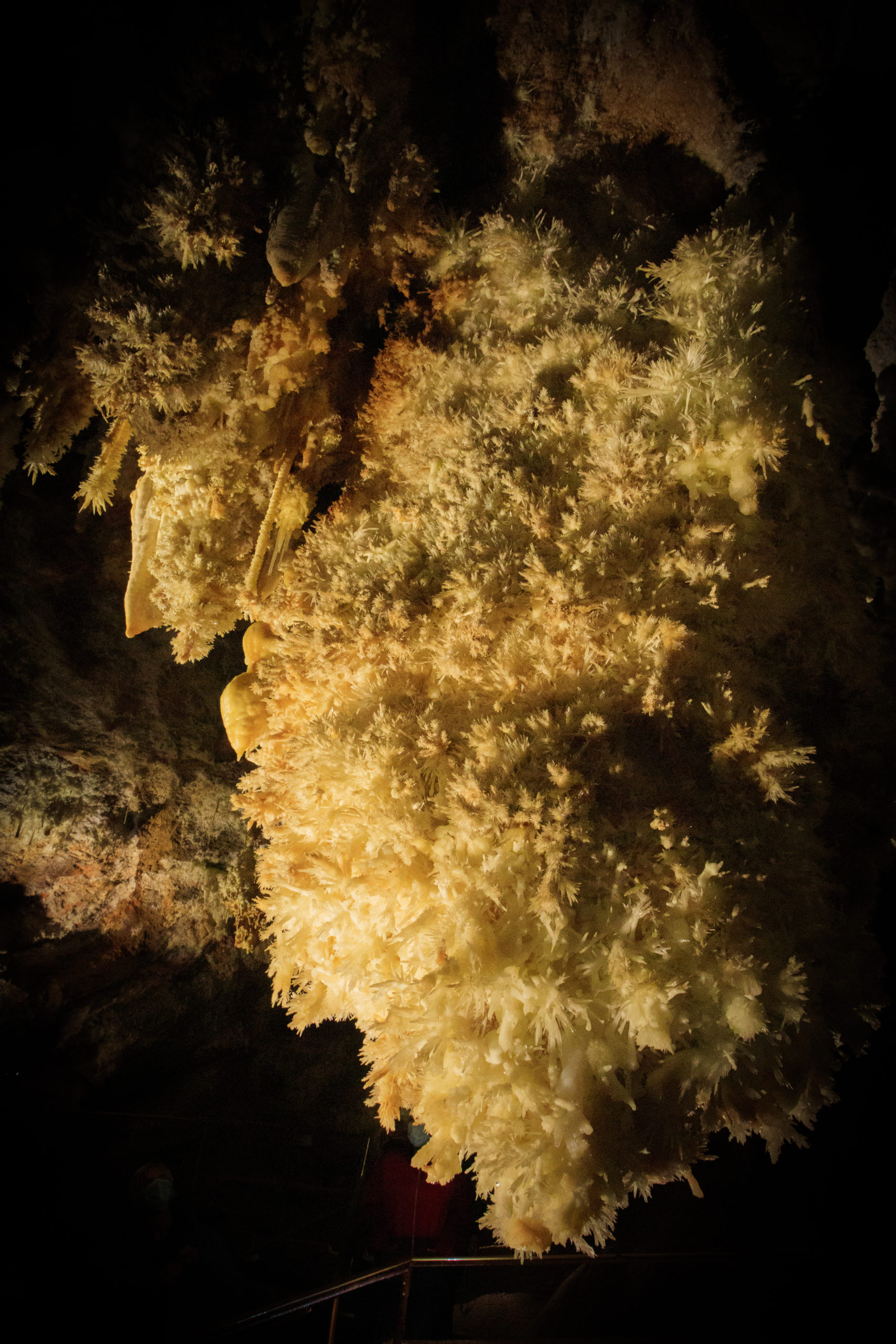 Lustre constitué de millions de cristaux d’aragonite. Grotte de Limousis, septembre 2021.
